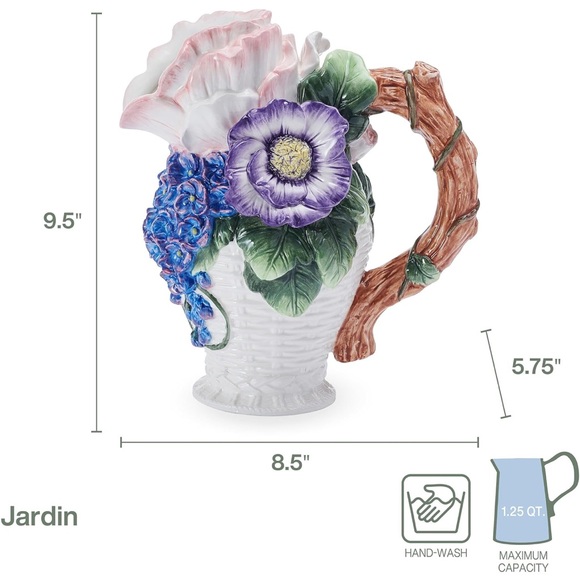 Fitz and Floyd Jardin Floral Bouquet Pitcher Vase Decorative, 9.5 Inch High - Picture 3 of 10